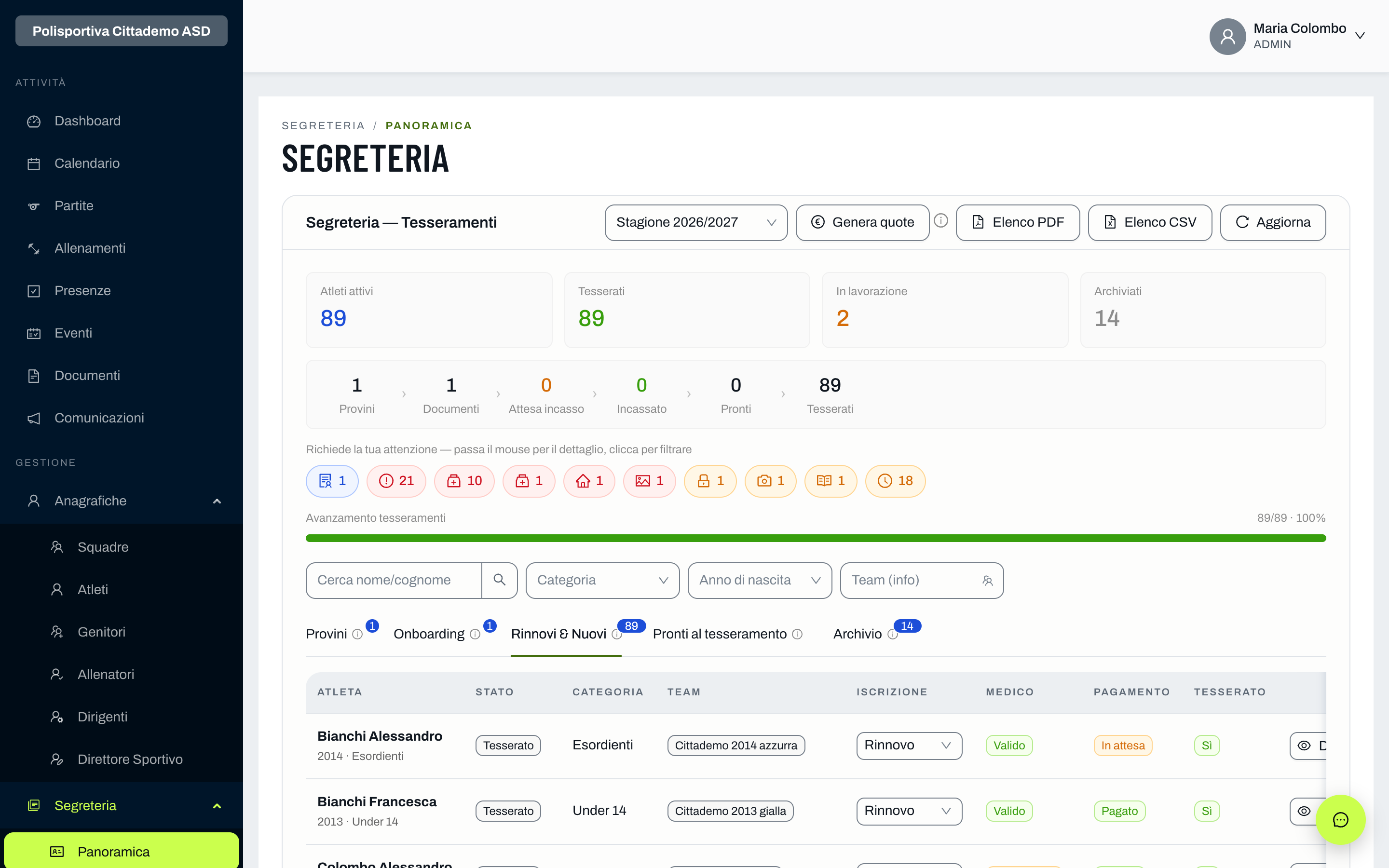 La console di segreteria: il colpo d'occhio su chi manca all'appello.